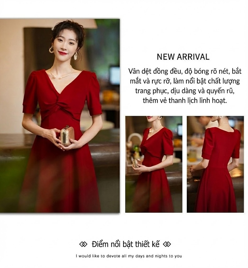 Váy Dự Tiệc Nữ Tay Lỡ Cổ Chữ V Màu Đỏ Rượu chi tiết 2