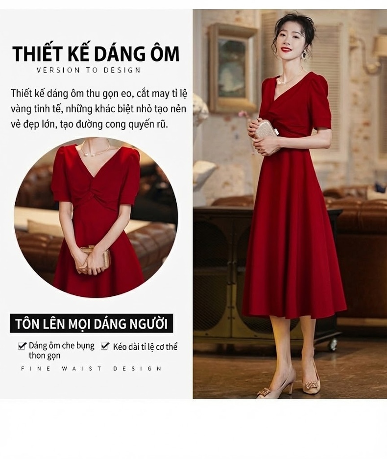 Váy Dự Tiệc Nữ Tay Lỡ Cổ Chữ V Màu Đỏ Rượu chi tiết 5