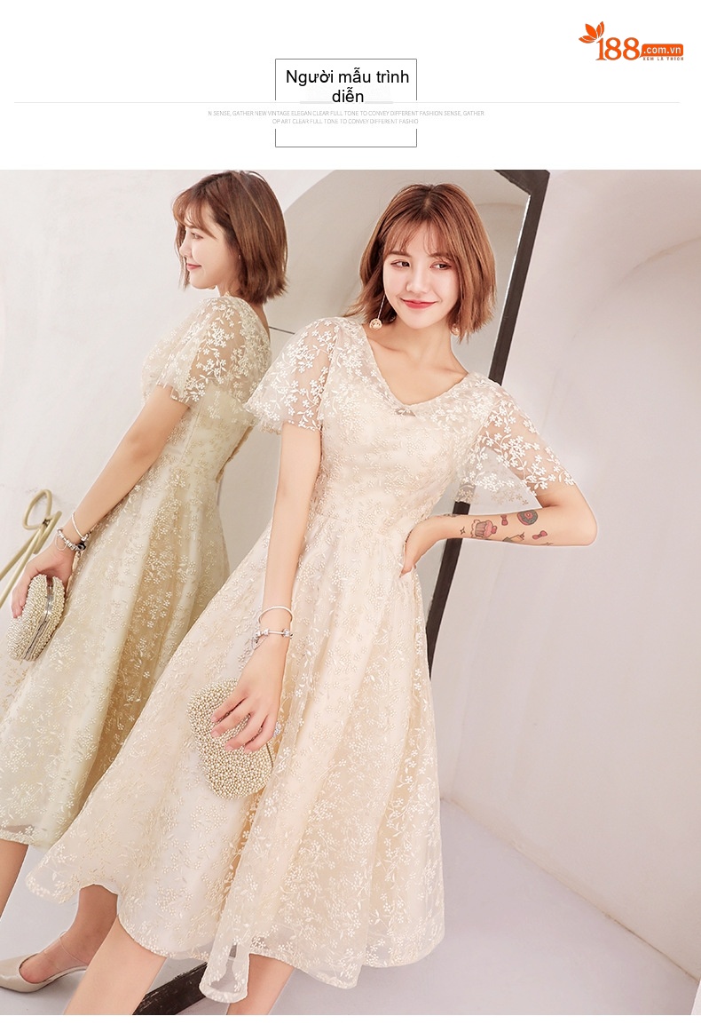 Váy Dự Tiệc Nữ Tay Ngắn dáng chữ A Chiết Eo Thanh Lịch Màu Kem, Đỏ, Xám... chi tiết 2