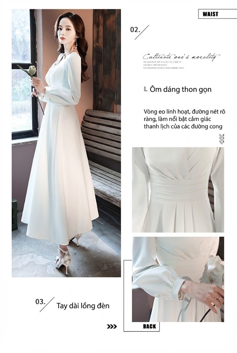Váy Dự Tiệc Tay Dài dáng chữ A Thanh Lịch Màu Trắng, Đen chi tiết 6