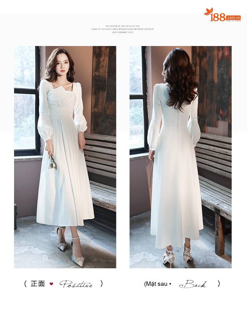 Váy Dự Tiệc Tay Dài dáng chữ A Thanh Lịch Màu Trắng, Đen chi tiết 7