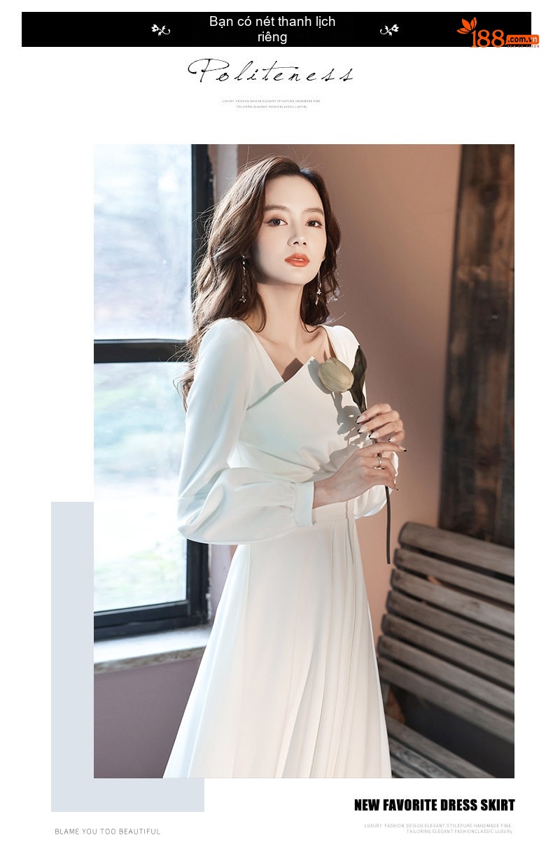 Váy Dự Tiệc Tay Dài dáng chữ A Thanh Lịch Màu Trắng, Đen chi tiết 11
