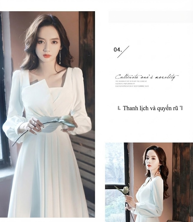 Váy Dự Tiệc Tay Dài dáng chữ A Thanh Lịch Màu Trắng, Đen chi tiết 13