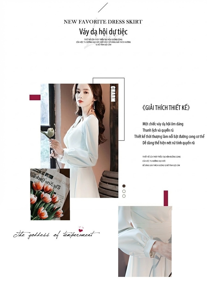 Váy Dự Tiệc Tay Dài dáng chữ A Thanh Lịch Màu Trắng, Đen chi tiết 3