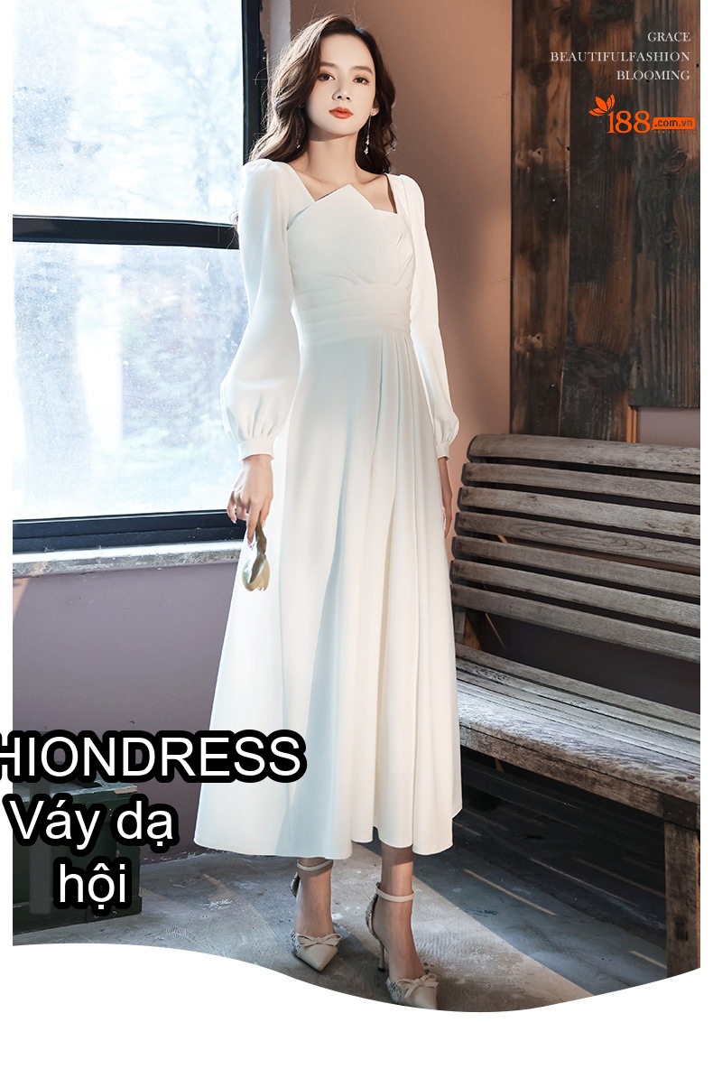 Váy Dự Tiệc Tay Dài dáng chữ A Thanh Lịch Màu Trắng, Đen chi tiết 2