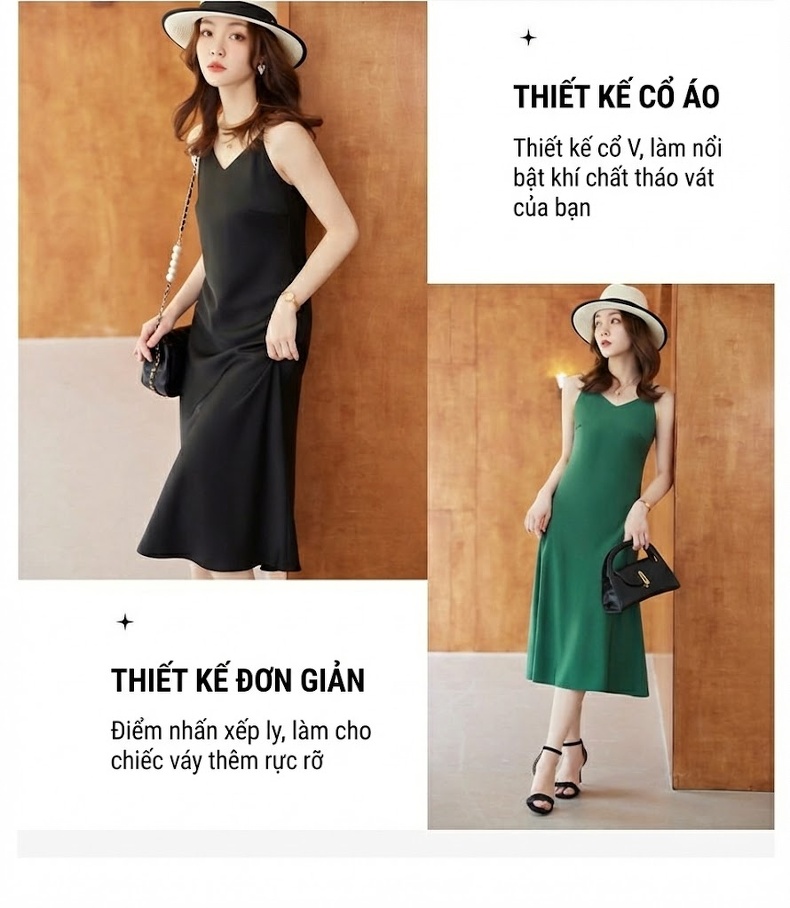 Váy Hai Dây Nữ Chất Liệu Voan Lụa Form dáng chữ A Màu Trắng, Đen, Xanh Lá, Tím... chi tiết 5