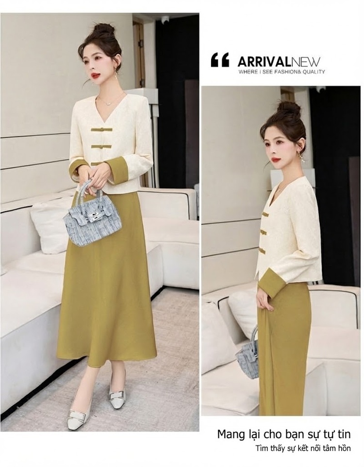 Váy Hai Dây Nữ Dáng Dài Kèm Áo Khoác Ren Cổ chữ V Phong Cách Tiểu Thư Màu Xanh, Vàng, Tím, Đen chi tiết 14