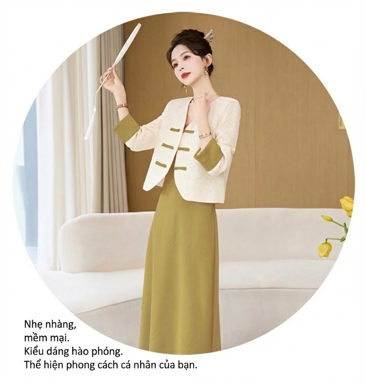 Váy Hai Dây Nữ Dáng Dài Kèm Áo Khoác Ren Cổ chữ V Phong Cách Tiểu Thư Màu Xanh, Vàng, Tím, Đen chi tiết 16