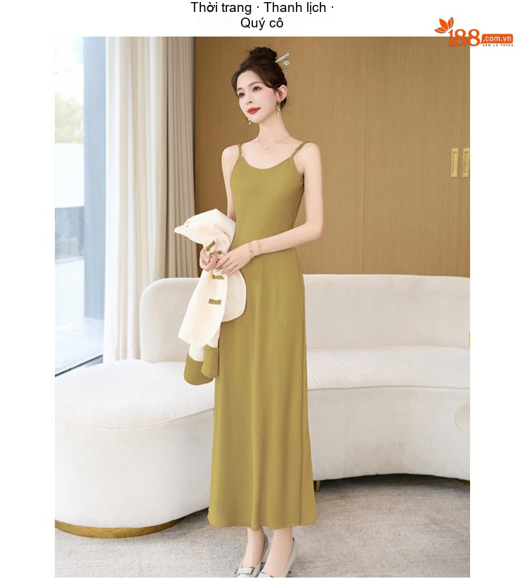Váy Hai Dây Nữ Dáng Dài Kèm Áo Khoác Ren Cổ chữ V Phong Cách Tiểu Thư Màu Xanh, Vàng, Tím, Đen chi tiết 18