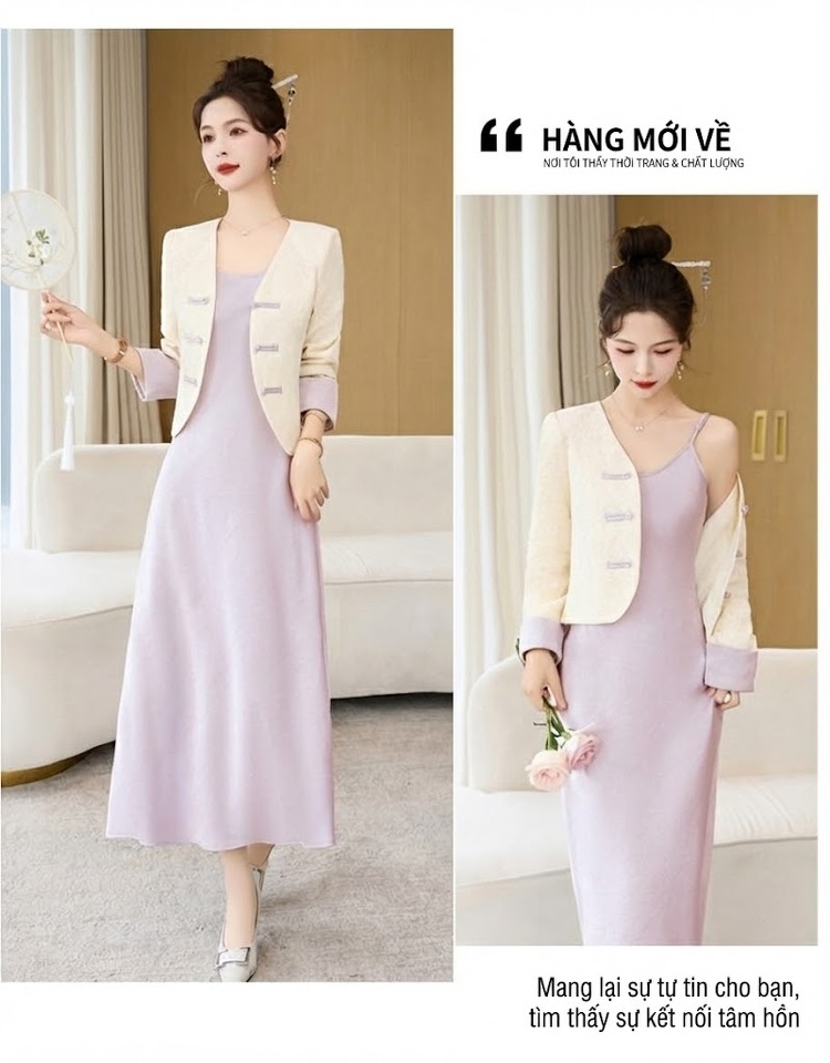 Váy Hai Dây Nữ Dáng Dài Kèm Áo Khoác Ren Cổ chữ V Phong Cách Tiểu Thư Màu Xanh, Vàng, Tím, Đen chi tiết 22