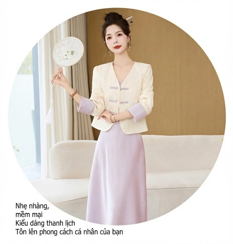 Váy Hai Dây Nữ Dáng Dài Kèm Áo Khoác Ren Cổ chữ V Phong Cách Tiểu Thư Màu Xanh, Vàng, Tím, Đen chi tiết 24