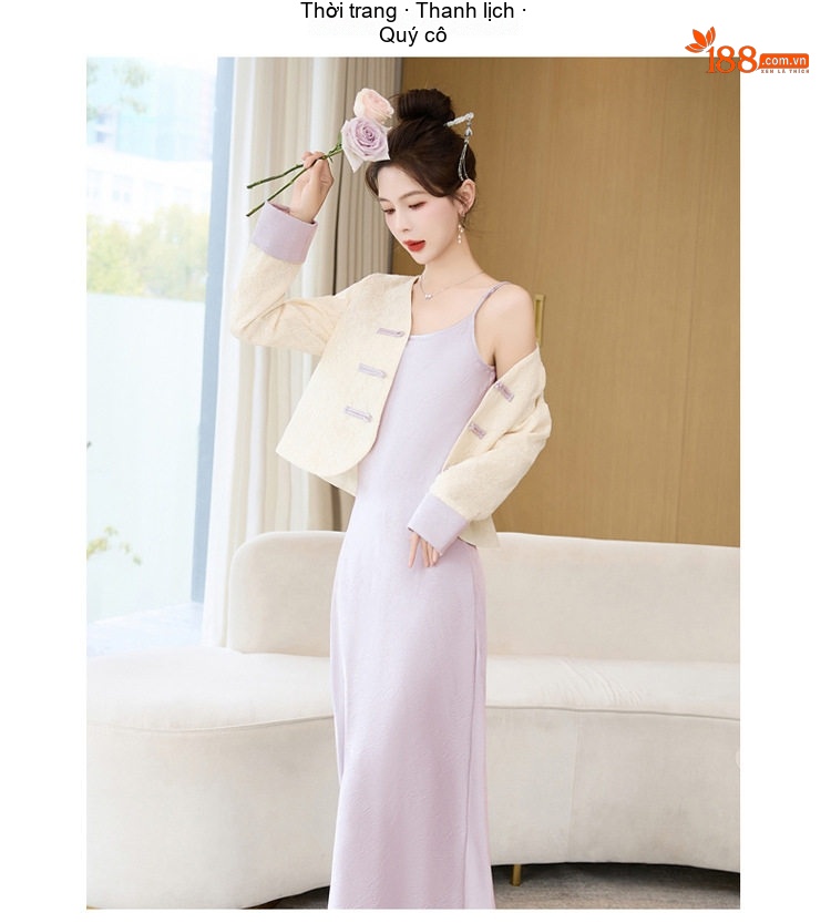 Váy Hai Dây Nữ Dáng Dài Kèm Áo Khoác Ren Cổ chữ V Phong Cách Tiểu Thư Màu Xanh, Vàng, Tím, Đen chi tiết 25