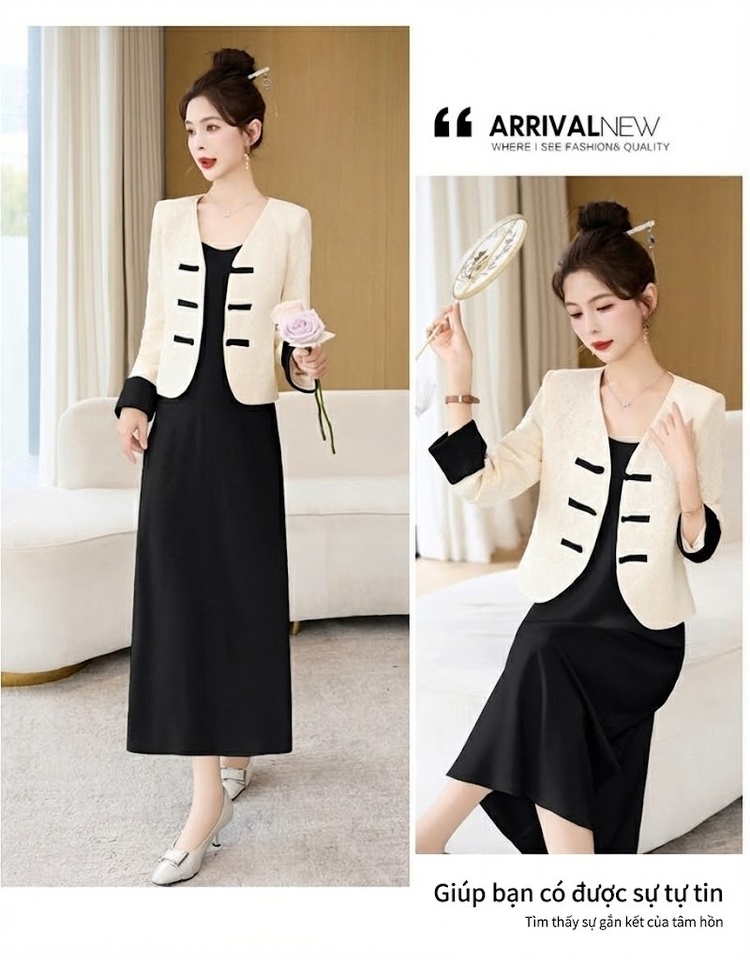 Váy Hai Dây Nữ Dáng Dài Kèm Áo Khoác Ren Cổ chữ V Phong Cách Tiểu Thư Màu Xanh, Vàng, Tím, Đen chi tiết 28