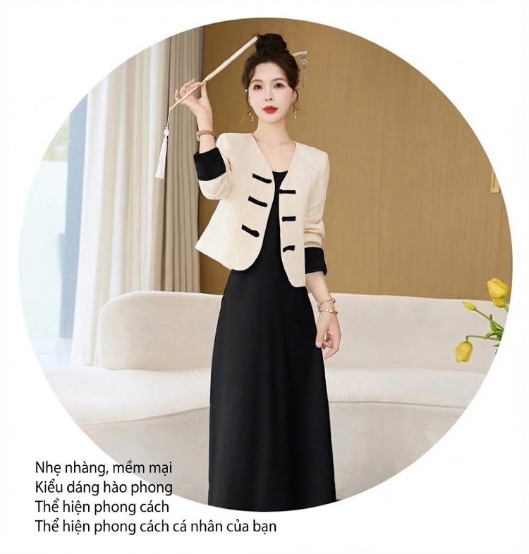Váy Hai Dây Nữ Dáng Dài Kèm Áo Khoác Ren Cổ chữ V Phong Cách Tiểu Thư Màu Xanh, Vàng, Tím, Đen chi tiết 31