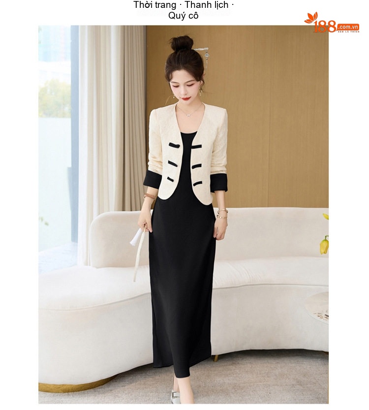 Váy Hai Dây Nữ Dáng Dài Kèm Áo Khoác Ren Cổ chữ V Phong Cách Tiểu Thư Màu Xanh, Vàng, Tím, Đen chi tiết 33