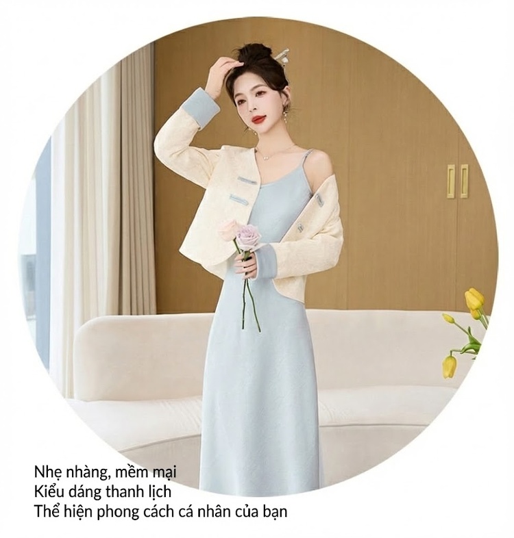 Váy Hai Dây Nữ Dáng Dài Kèm Áo Khoác Ren Cổ chữ V Phong Cách Tiểu Thư Màu Xanh, Vàng, Tím, Đen chi tiết 9