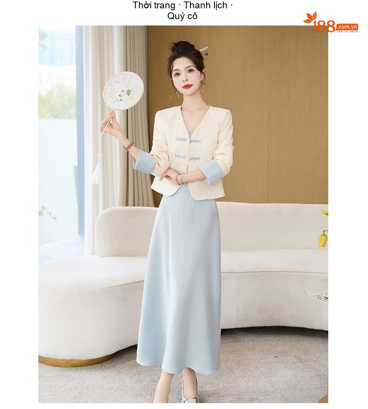 Váy Hai Dây Nữ Dáng Dài Kèm Áo Khoác Ren Cổ chữ V Phong Cách Tiểu Thư Màu Xanh, Vàng, Tím, Đen chi tiết 11