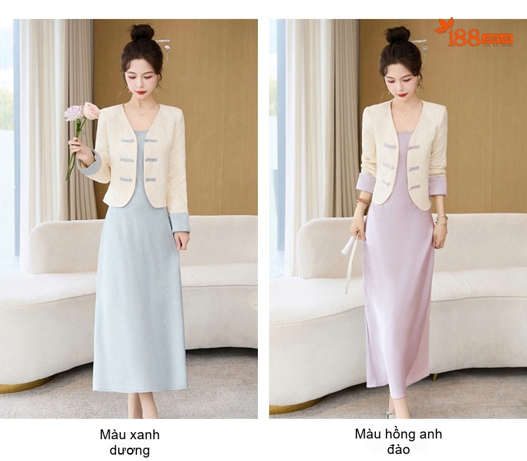 Váy Hai Dây Nữ Dáng Dài Kèm Áo Khoác Ren Cổ chữ V Phong Cách Tiểu Thư Màu Xanh, Vàng, Tím, Đen chi tiết 4