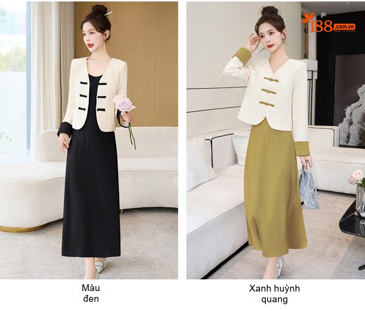 Váy Hai Dây Nữ Dáng Dài Kèm Áo Khoác Ren Cổ chữ V Phong Cách Tiểu Thư Màu Xanh, Vàng, Tím, Đen chi tiết 5