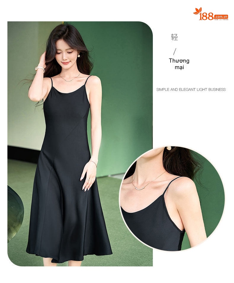 Váy Hai Dây Nữ Dáng Dài Trung Niên Chất Đũi Lụa Cao Cấp Phong Cách Pháp Màu Đen chi tiết 10