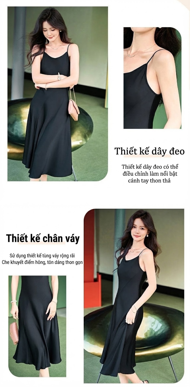 Váy Hai Dây Nữ Dáng Dài Trung Niên Chất Đũi Lụa Cao Cấp Phong Cách Pháp Màu Đen chi tiết 4