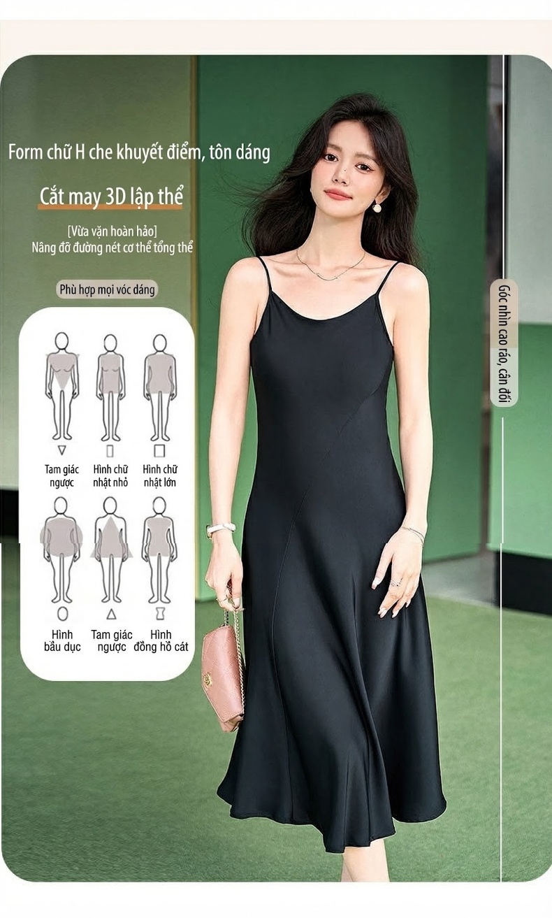 Váy Hai Dây Nữ Dáng Dài Trung Niên Chất Đũi Lụa Cao Cấp Phong Cách Pháp Màu Đen chi tiết 5
