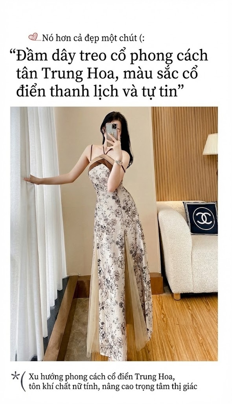 Váy Hai Dây Nữ Dáng Dài Xẻ Tà Họa Tiết Hoa Nhí Phong Cách Gợi Cảm Màu Be chi tiết 2