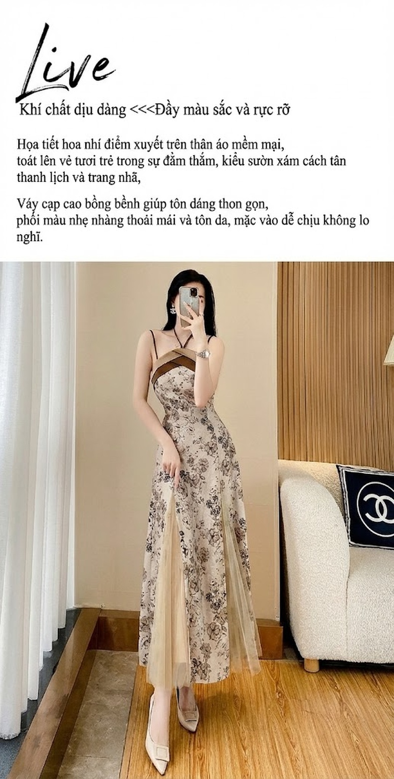 Váy Hai Dây Nữ Dáng Dài Xẻ Tà Họa Tiết Hoa Nhí Phong Cách Gợi Cảm Màu Be chi tiết 4