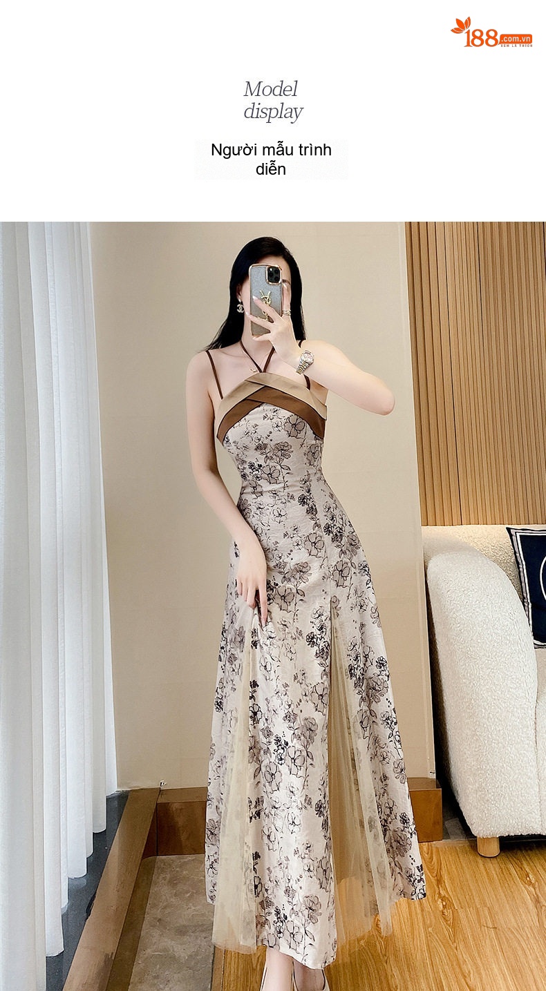 Váy Hai Dây Nữ Dáng Dài Xẻ Tà Họa Tiết Hoa Nhí Phong Cách Gợi Cảm Màu Be chi tiết 6