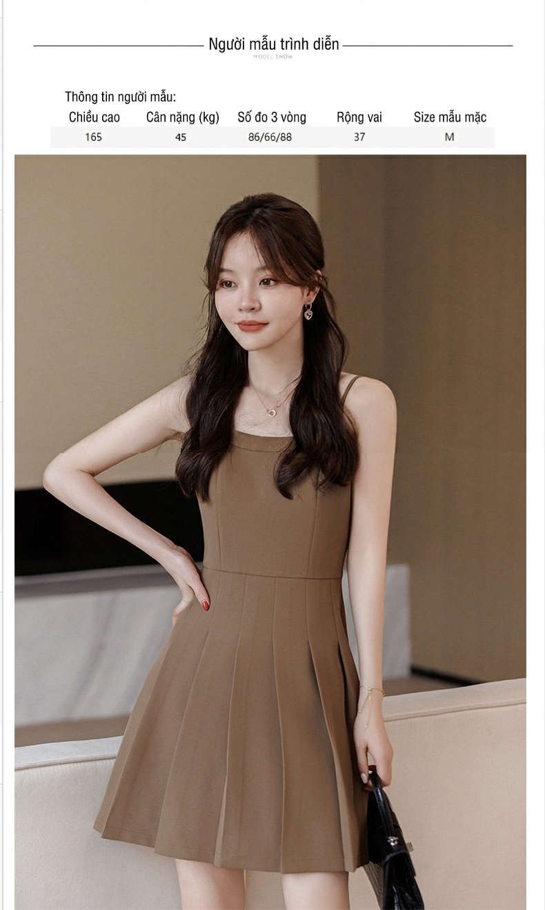 Váy Hai Dây Nữ Dáng Ngắn Xếp Ly Chất Vải Tây Màu Đen, Kem, Nâu chi tiết 3