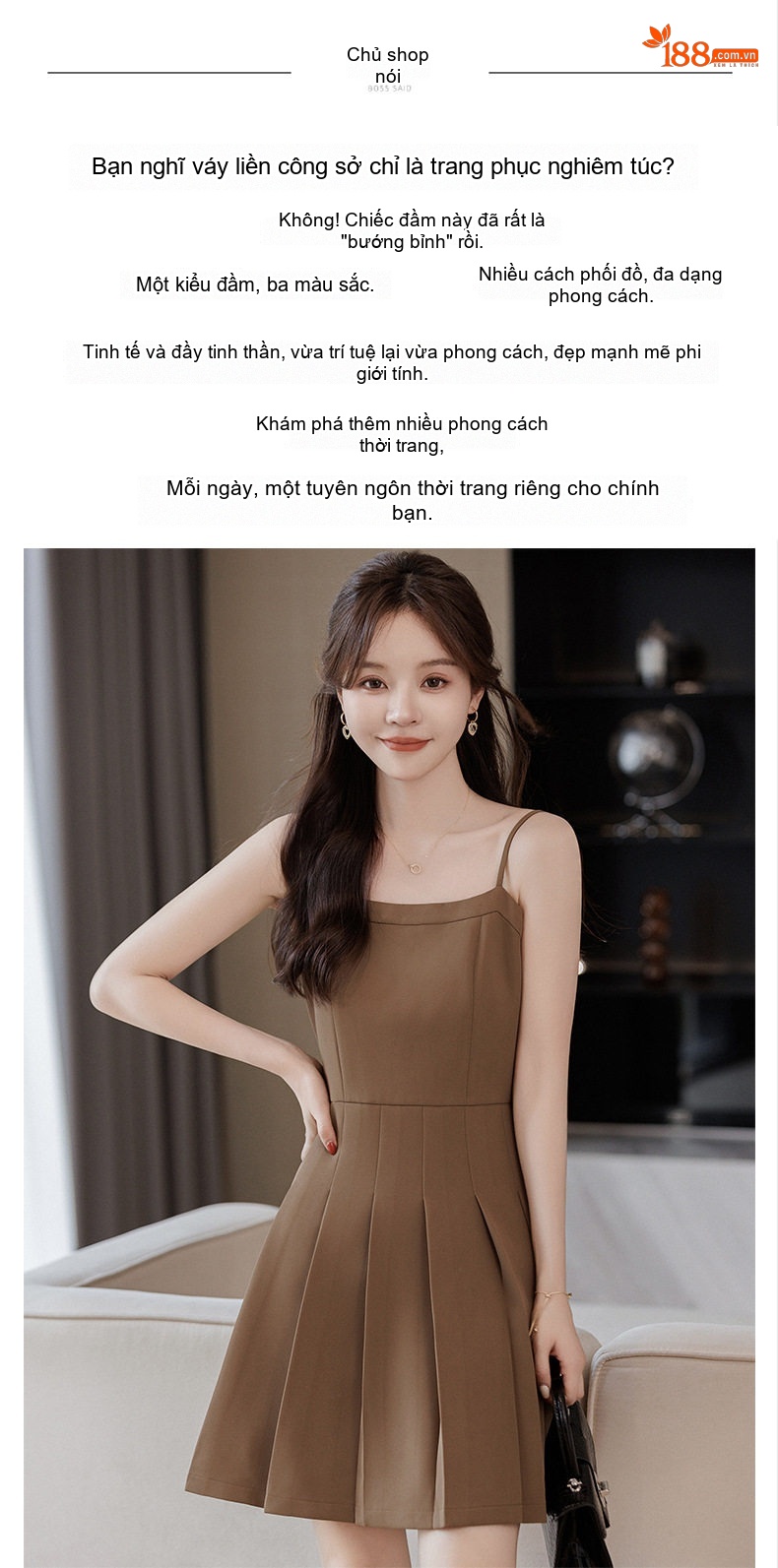 Váy Hai Dây Nữ Dáng Ngắn Xếp Ly Chất Vải Tây Màu Đen, Kem, Nâu chi tiết 7