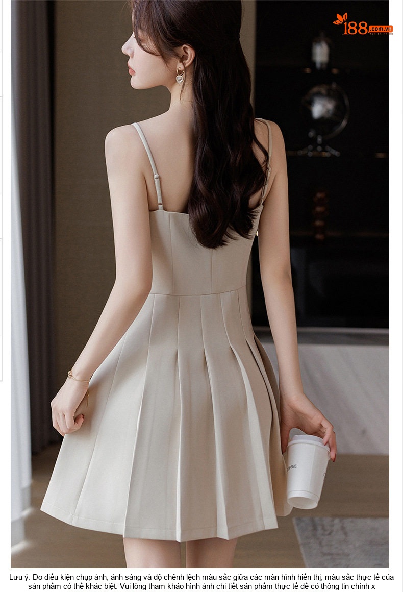Váy Hai Dây Nữ Dáng Ngắn Xếp Ly Chất Vải Tây Màu Đen, Kem, Nâu chi tiết 6