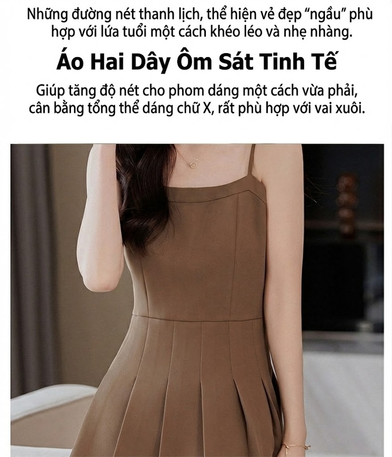 Váy Hai Dây Nữ Dáng Ngắn Xếp Ly Chất Vải Tây Màu Đen, Kem, Nâu chi tiết 8