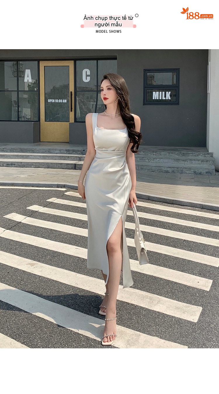 Váy Hai Dây Nữ Dáng Ôm Chất Liệu Satin Xẻ Tà Thiết Kế Pháp Màu Trắng chi tiết 11