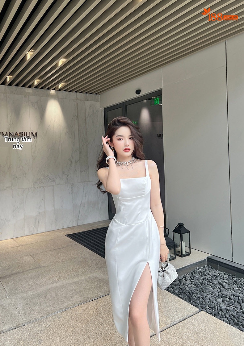 Váy Hai Dây Nữ Dáng Ôm Eo Xẻ Tà Cổ chữ Vuông Không Tay Phong Cách Tối Giản Màu Vàng, Đen, Trắng chi tiết 11