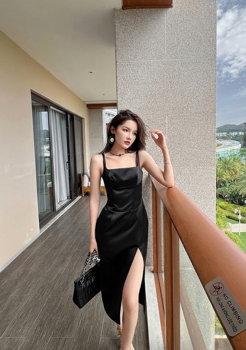 Váy Hai Dây Nữ Dáng Ôm Eo Xẻ Tà Cổ chữ Vuông Không Tay Phong Cách Tối Giản Màu Vàng, Đen, Trắng chi tiết 27