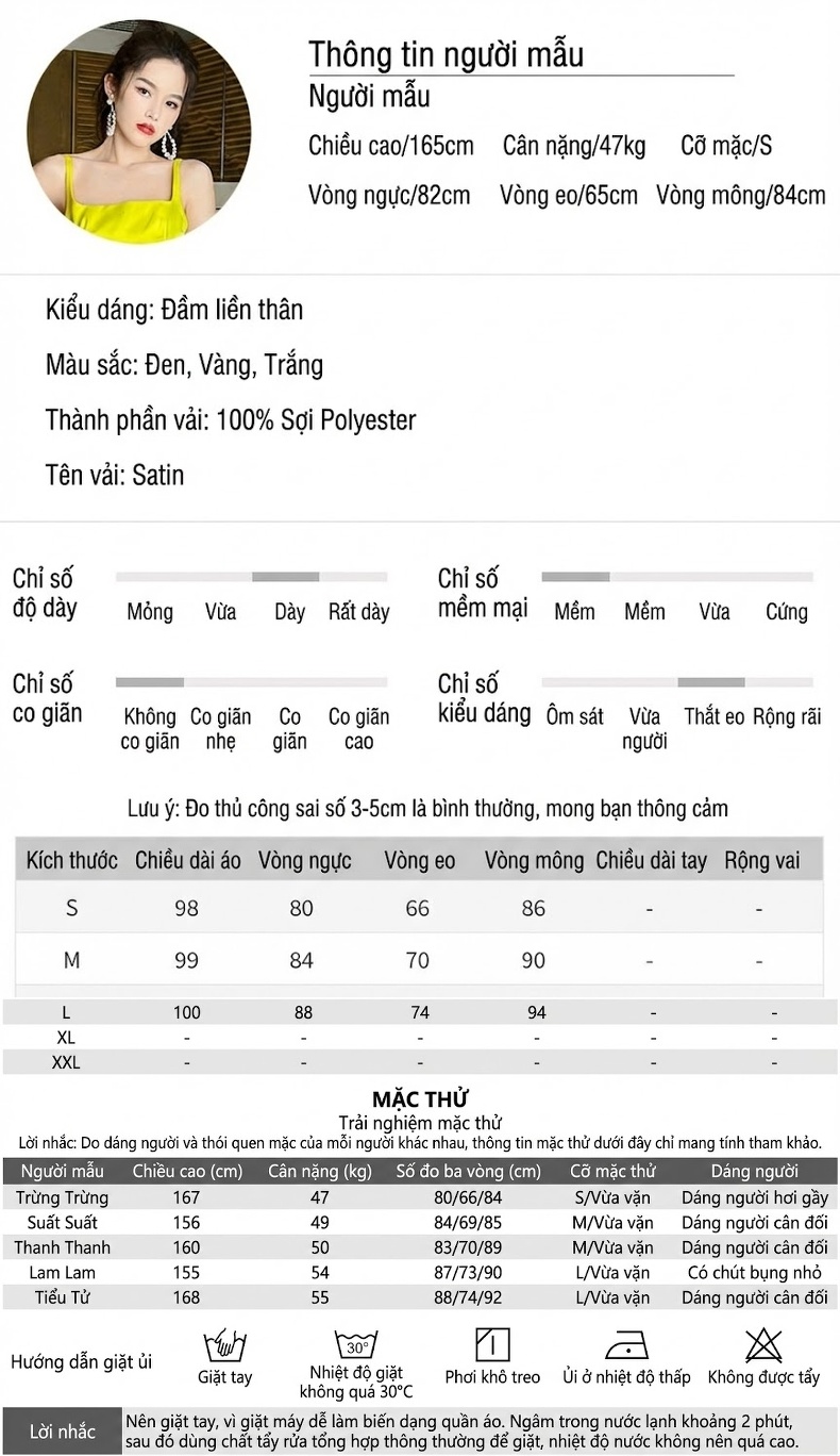 Váy Hai Dây Nữ Dáng Ôm Eo Xẻ Tà Cổ chữ Vuông Không Tay Phong Cách Tối Giản Màu Vàng, Đen, Trắng chi tiết 2