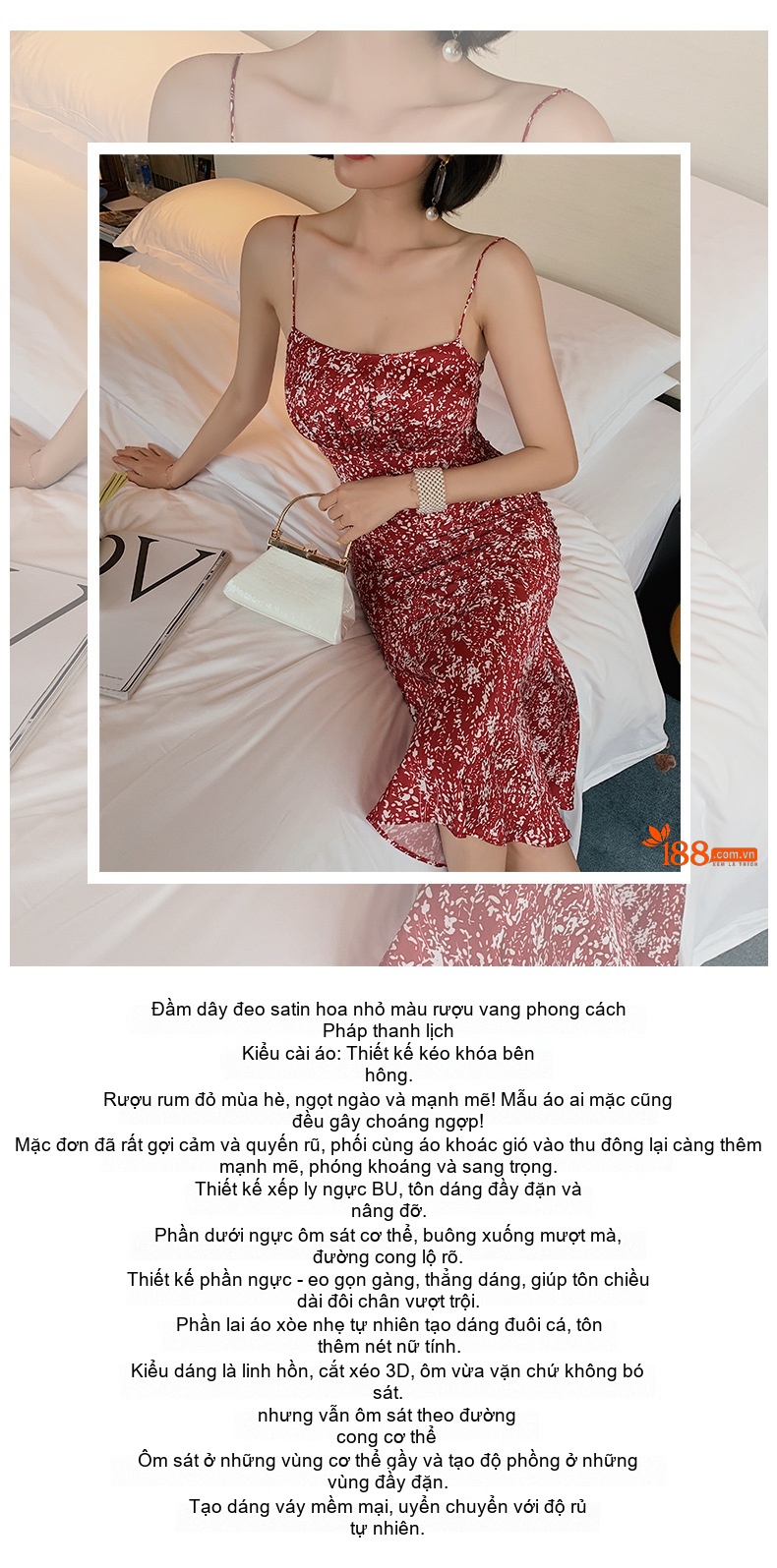 Váy Hai Dây Nữ Dáng Ôm Họa Tiết Hoa Nhỏ Chất Liệu Satin Phong Cách Pháp Màu Đỏ chi tiết 1