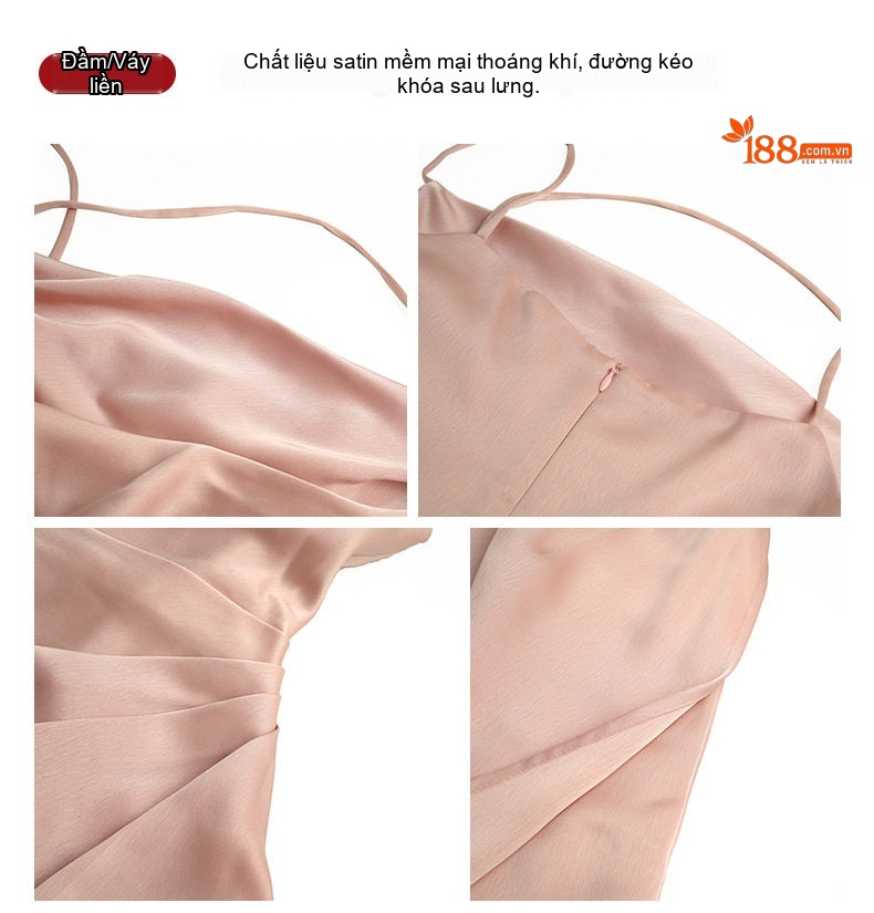 Váy Hai Dây Nữ Dáng Ôm Xẻ Tà Chất Liệu Satin Màu Đen, Be, Hồng chi tiết 4