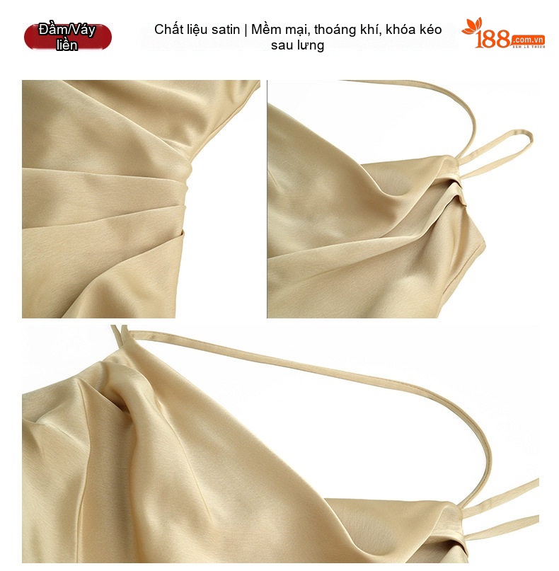 Váy Hai Dây Nữ Dáng Ôm Xẻ Tà Chất Liệu Satin Màu Đen, Be, Hồng chi tiết 5