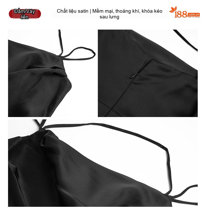 Váy Hai Dây Nữ Dáng Ôm Xẻ Tà Chất Liệu Satin Màu Đen, Be, Hồng chi tiết 6