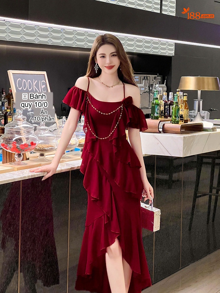 Váy Hai Dây Nữ Hở Vai Thiết Kế Bất Đối Xứng Quyến Rũ Màu Đỏ