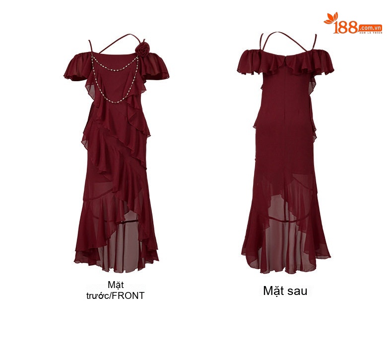 Váy Hai Dây Nữ Hở Vai Thiết Kế Bất Đối Xứng Quyến Rũ Màu Đỏ chi tiết 4