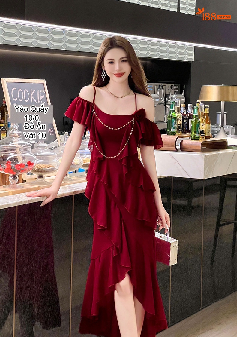 Váy Hai Dây Nữ Hở Vai Thiết Kế Bất Đối Xứng Quyến Rũ Màu Đỏ chi tiết 5