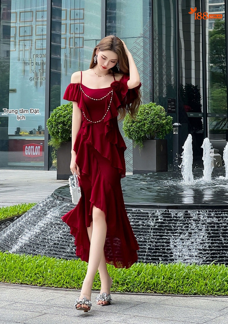 Váy Hai Dây Nữ Hở Vai Thiết Kế Bất Đối Xứng Quyến Rũ Màu Đỏ chi tiết 7