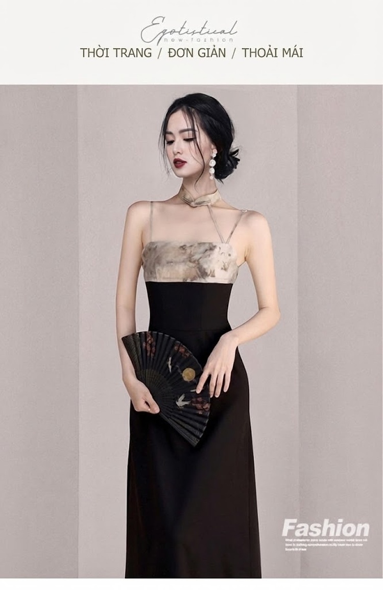 Váy Hai Dây Nữ In Họa Tiết Thắt Nút Eo Tôn Dáng Màu Đen, Be chi tiết 1