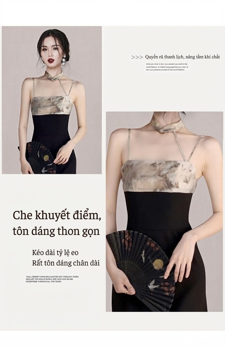 Váy Hai Dây Nữ In Họa Tiết Thắt Nút Eo Tôn Dáng Màu Đen, Be chi tiết 2