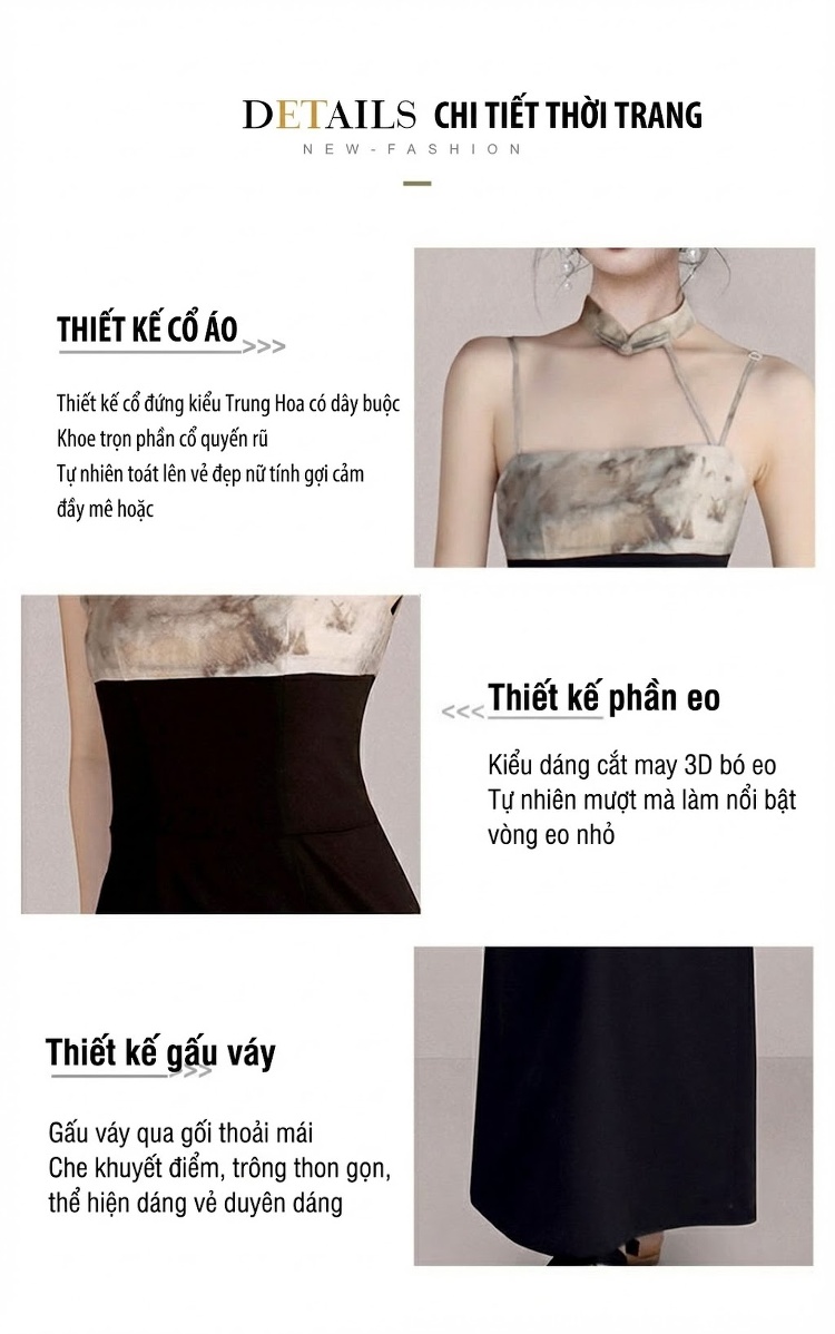 Váy Hai Dây Nữ In Họa Tiết Thắt Nút Eo Tôn Dáng Màu Đen, Be chi tiết 4