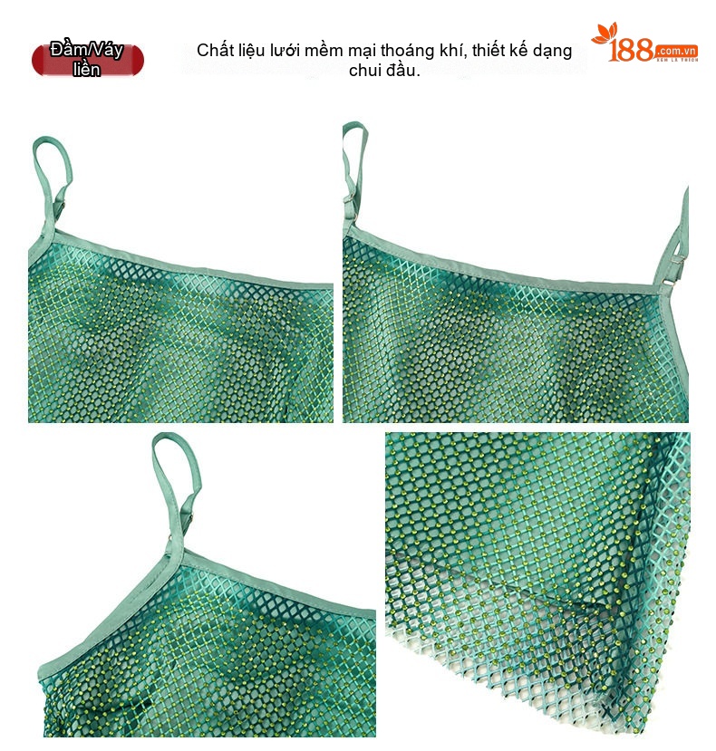 Váy Hai Dây Nữ Lưới Đính Đá Phong Cách Pháp Gợi Cảm Màu Xanh, Hồng, Vàng chi tiết 4