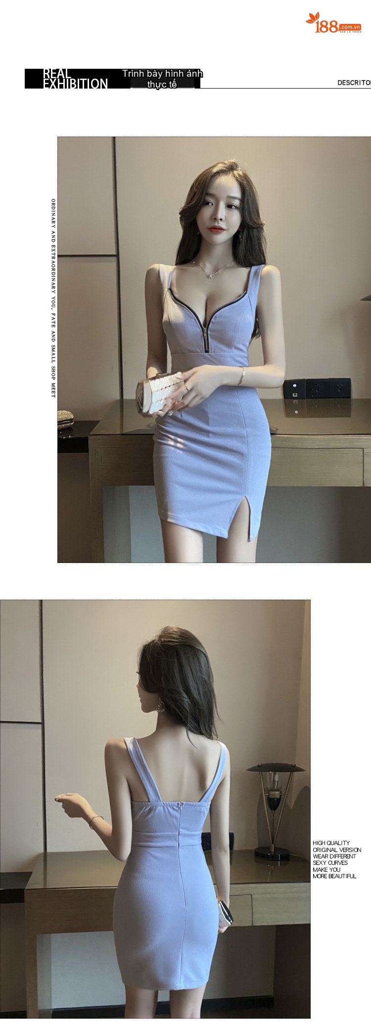 Váy Hai Dây Nữ Ngắn Ôm Body Xẻ Tà Hở Lưng Phong Cách Gợi Cảm Màu Xanh Lam, Đen, Trắng chi tiết 3